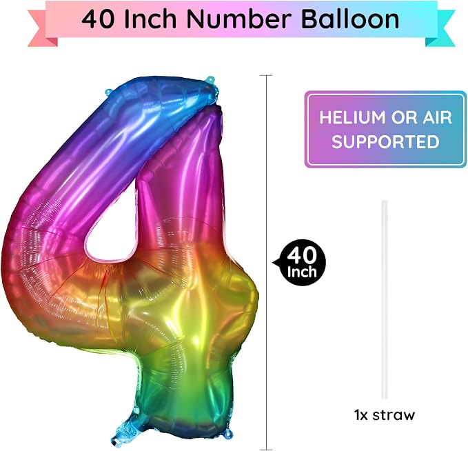 40 Inch Rainbow Number Balloon 4, Large Number Foil Balloons Mylar - Image 2