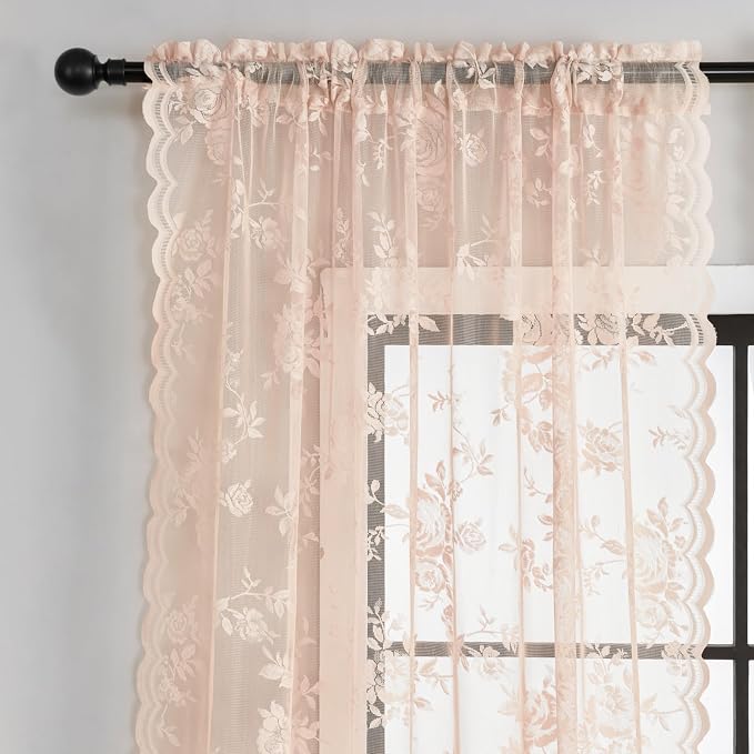 Blush Pink Lace Curtains 108 Inches Long 2 Panels Romantic Floral Sheer Curtains - Image 3
