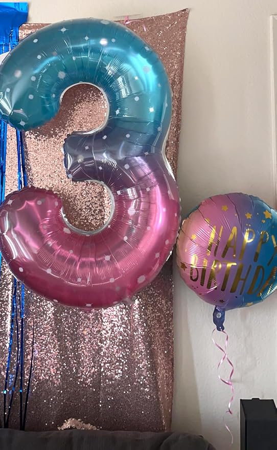 3 Balloon Numbers Birthday Decorations, 40In Pink Purple Blue Balloons | - Image 2