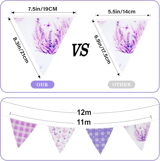 G2PLUS Purple Triangle Bunting Banner, 39FT Extra Long Reusable Cotton Triangle - Image 2