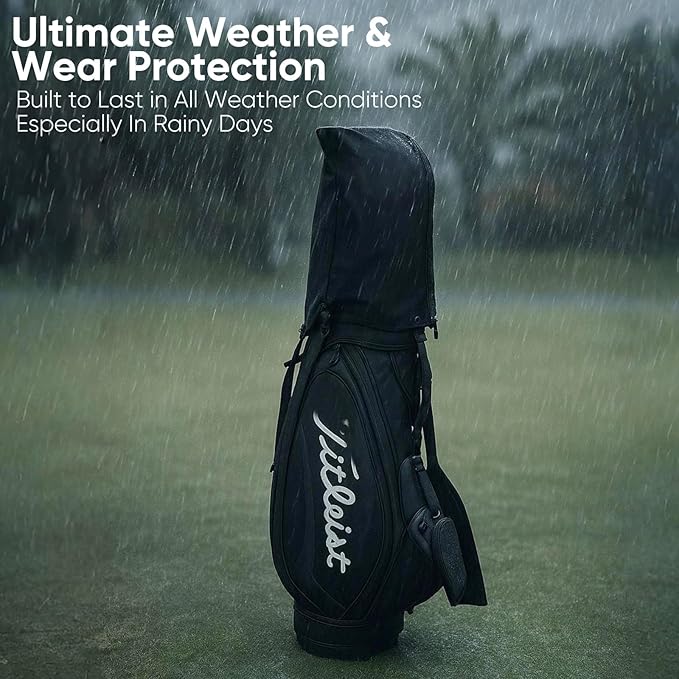 Golf Bag Rain Cover Hood Waterproof 1680D Nylon Dustproof Universal Fit with Adjustable Rain Cape for Stand/Cart Bags, All Black or US Flag Style