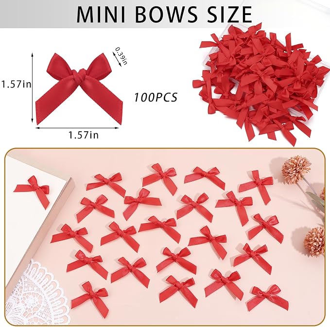 Red Mini Bows 1.57" 100PCS Small Satin Ribbon Bows - Image 2