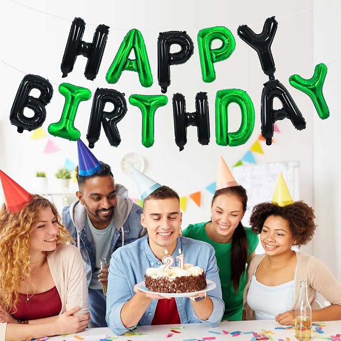 TONIFUL 16 Inch Black Green Happy Birthday Balloons Banner Decorations | - Image 4