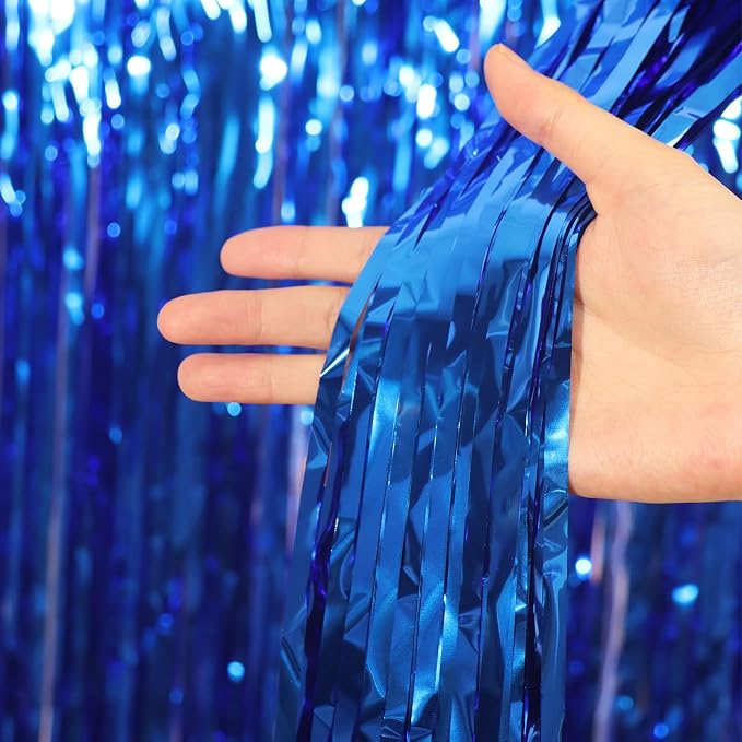 Voircoloria 3 Pack 3.3x8.2 Feet Blue Foil Fringe Backdrop Curtains, Tinsel - Image 2
