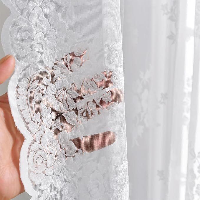 Kotile White Lace Curtains for Kitchen Windows W42 x L36 Inch, 2 Panels | Rod - Image 6