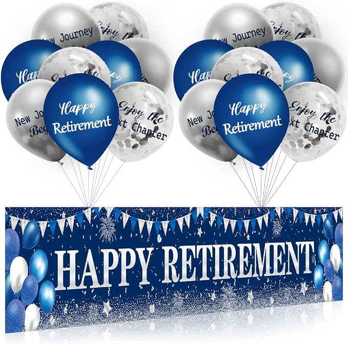 GOLDCROW Retirement Party Decorations Blue Silver Happy Retirement Banner by Unknown