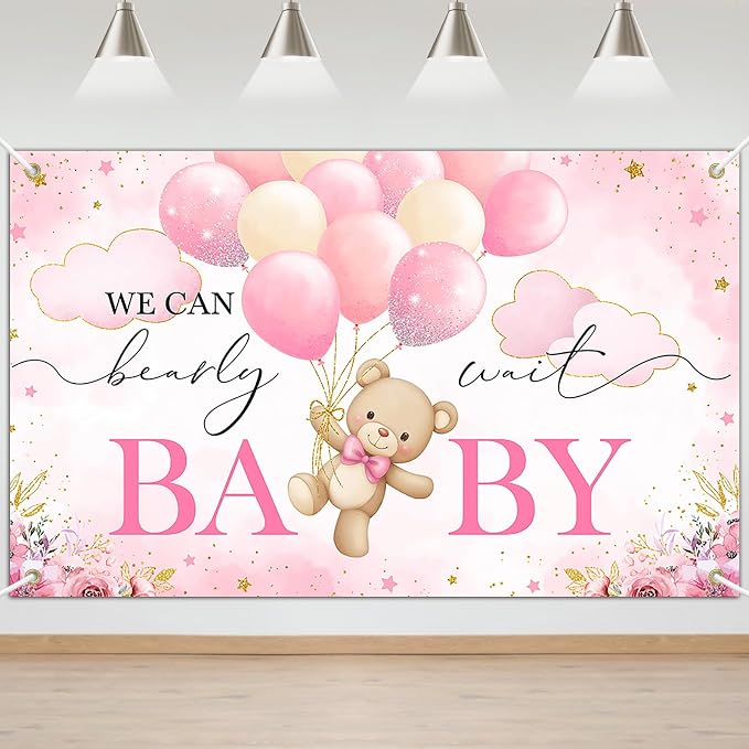 Mocsicka We Can Bearly Wait Backdrop Pink Bear Baby Shower Banner Girls Baby by Mocsicka
