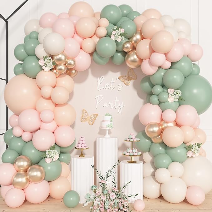 157Pcs Dusty Pink Green Balloons Garland Arch Kit Different Size | Sand White by OUDDYLIFE