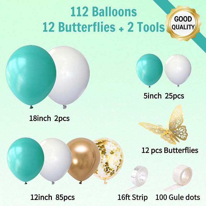 Teal Balloon Arch Kit with Gold Butterflies, 5/12/18 in, Baby Shower, Bridal - Image 5