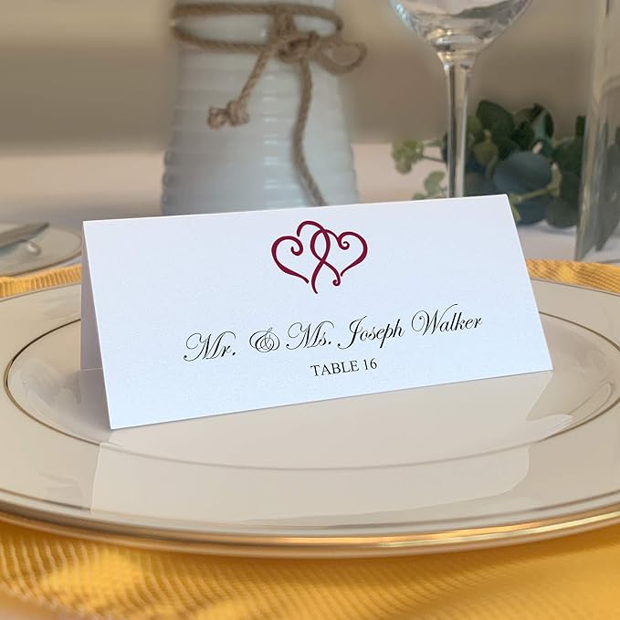 Linked Hearts Place Cards, Burgundy (Choose Color), Set of 150, Pre-cut and Scored - Wedding, Party, Dinner, and Special Events - Made in the USA