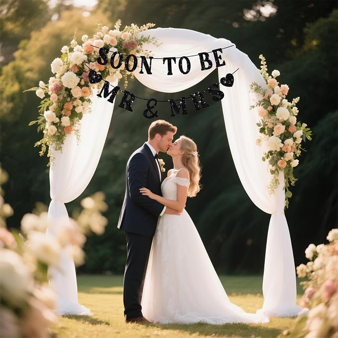 Soon To Be Mr & Mrs Sign, Bridal Shower Banner, Pre-Strung Black Glitter - Image 6