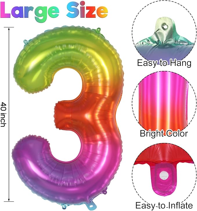 Rainbow Number 3 Balloon 40 Inch, Big Large Foil Number Balloons, Gradient - Image 3