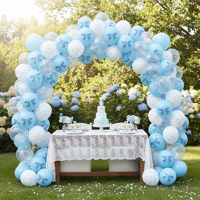 Blue and White Balloons Set, 12 Inch Light Baby Blue White Clear Bow Latex - Image 7