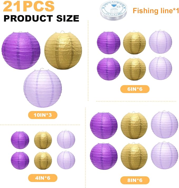 21Pcs Purple Paper Lanterns, 4-10in Hanging Decor, Bachelorette Wedding | - Image 2