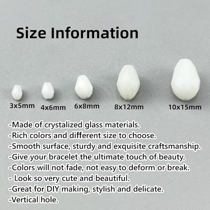130pcs 6x8mm Teardrop Crystal Glass Beads for Jewelry Making, Faceted Vertical Hole Teardrop Glass Spacer Beads for Wind Chimes Bracelet Earring Necklace DIY Craft(White)