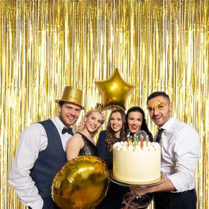 2 Pcs 3.2ft x 8.2ft Shiny Gold Metallic Tinsel Foil Fringe Curtains Photo Booth - Image 4