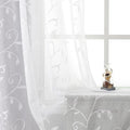 VISIONTEX White Leaves Sheer Voile Curtains, Decorative Embroidery Rod Pocket Window Drapes for Home Living Room and Bedroom 54 x 63 Inch, Set of 2 Curtain Panels