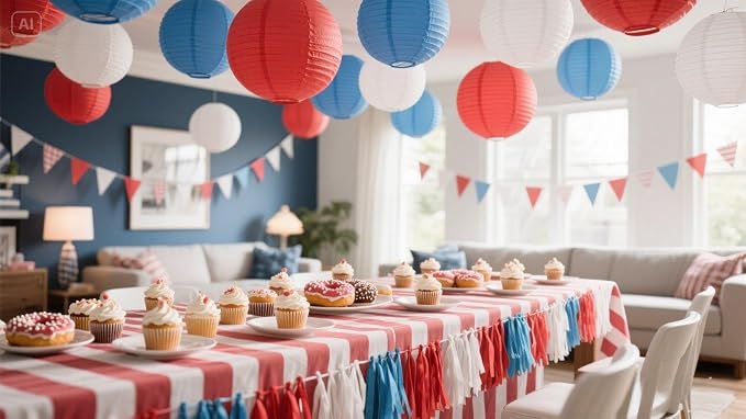 ZOOYOO Red Blue White Paper Lanterns, July 4th Party Round Hanging Paper - Image 3