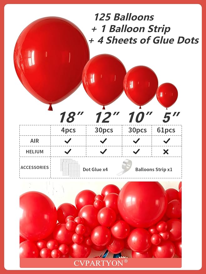 Red Balloons 125 Pcs Different Sizes 18 12 10 5 Inch Red Balloon Arch Kit - Image 3