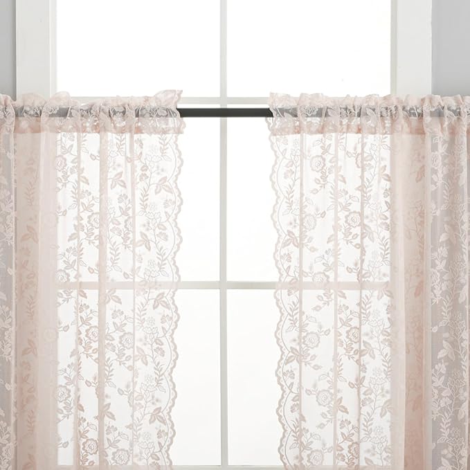 FINECITY Blush Pink Lace Curtains Rustic Leaf Floral W52xL45 Inch 2 Panels | - Image 6