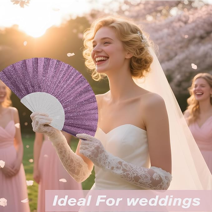 12 Pack Handheld Fan,Folding Hand Glitter Fan with Shining Transparent Fan Rib – Ideal for Wedding, Church, Festival, Dance, Tea Party, Club, and EDM Accessories, Purple