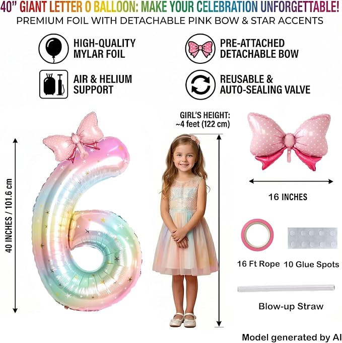40" Giant Pastel Rainbow Number 16 Balloon Foil Pink Bow Decor Kit | - Image 2
