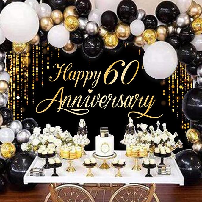 Happy 60th Annverisary Background Decorations Black Gold Backdrop Banner - Image 2