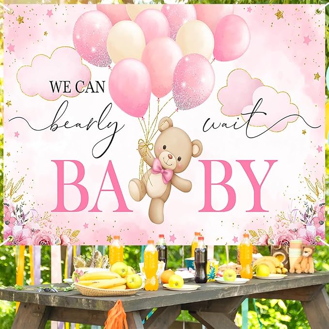Mocsicka We Can Bearly Wait Backdrop Pink Bear Baby Shower Banner Girl Bear - Image 7