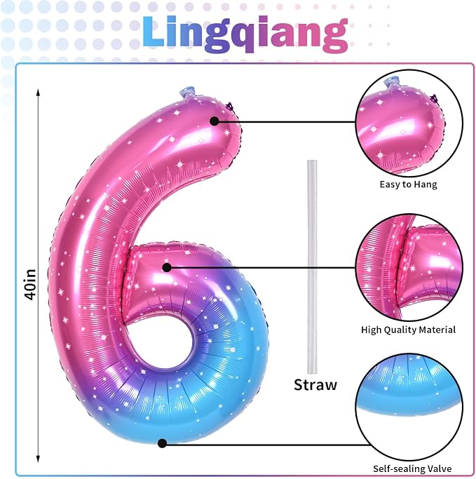 Gradient Blue Pink Number Balloons, Colorful Starry Self Inflating Number - Image 2