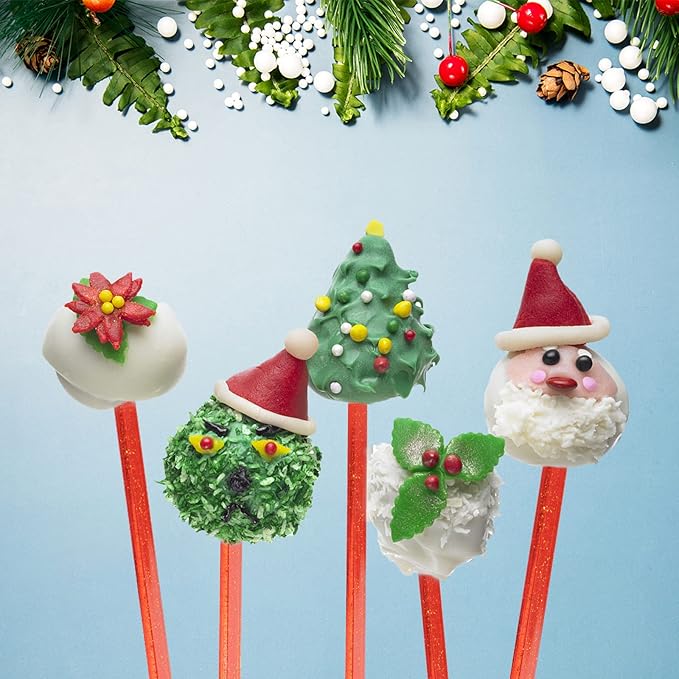 50-PCS Christmas Red Glitter Plastic Swizzle Sticks, Crystal Cake Pops, Cocktail Coffee Drink Stirrers, Stir Sticks for Christmas Party, 7.24 Inch