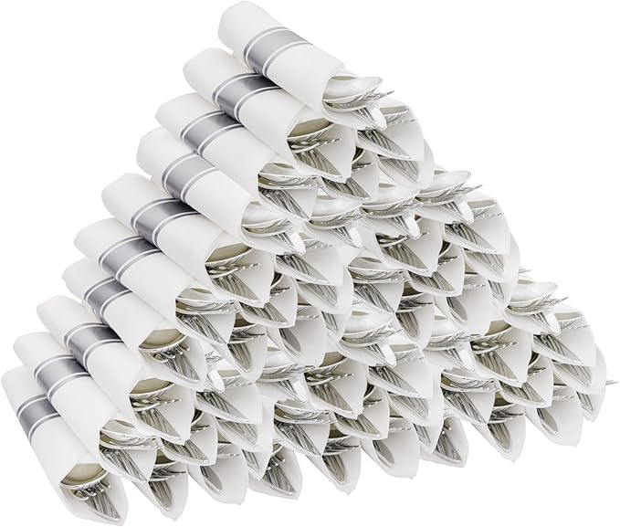 Supernal 60 Pack Pre-Rolled Silver Plastic Cutlery Heavy Duty Wrapped Silverware Disposable Premium Silver Plastic Silverware Forks and Spoons for Halloween Thanksgiving Christmas
