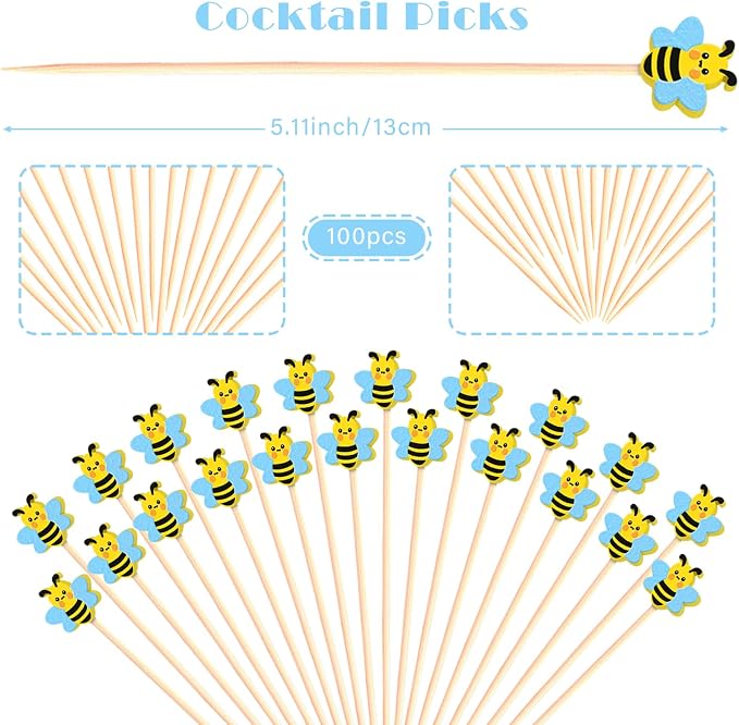 100Pcs Bee Cocktail Picks Cute Honeybee Theme Baby Shower Springtime Decor Long - Image 3