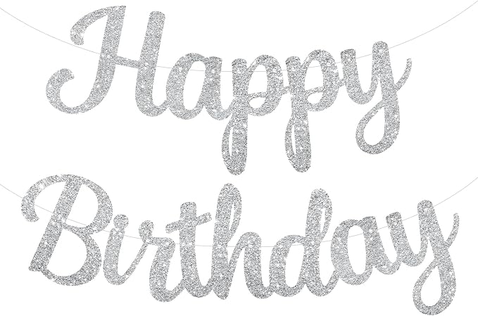 Silver Happy Birthday Banner, Pre-Strung Glitter Silver Birthday Sign, 10 Feet by PatiCool