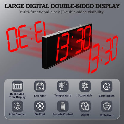 19.5'' Large Digital Wall Clock with Double Sided Display,Multi-Functional LED Hanging Digital Clock with Adjustable Brightness,Suitable for Offices, Warehouses, Corridors (Red)