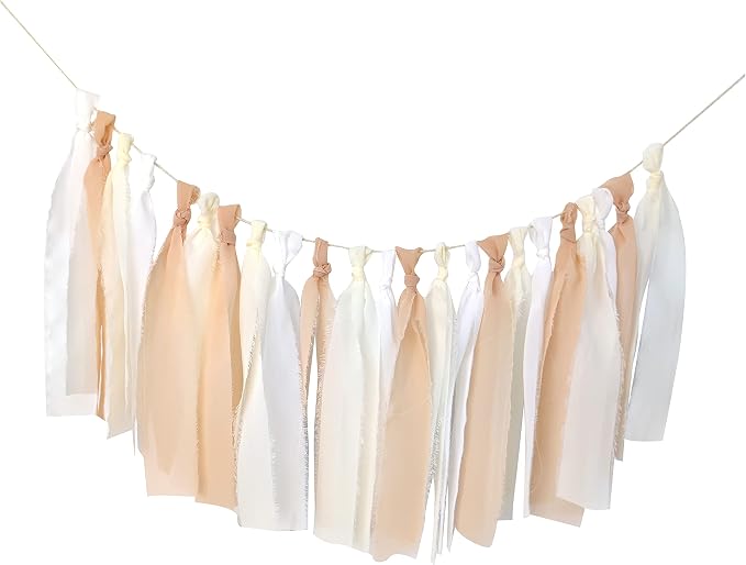 White + Beige Handcrafted Chiffon Tassel Garland by Mybbshower