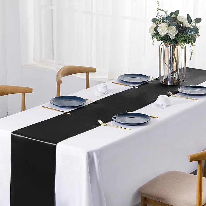 SiinvdaBZX 12 Pcs Black Satin Table Runner 12 x 108 inches Long | Bright Smooth - Image 4