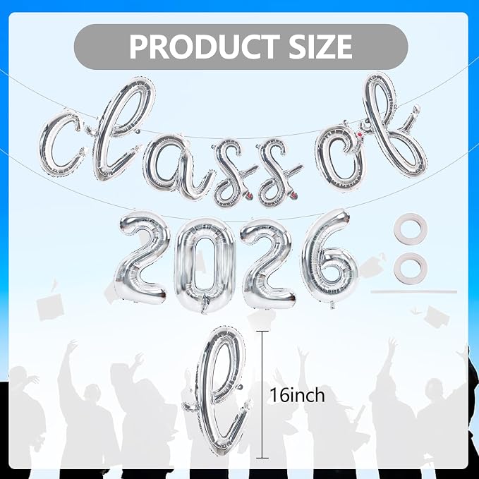 TONIFUL Silver Cursive Class of 2026 Graduation Balloon Banners 2026 - Image 2