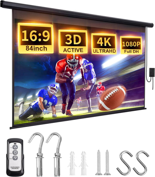 Projector Screen Motorized Pull Down 84 Inch 16:9 Electric Projector Screen with Remote, Automatic Projector Screens Wall Ceiling Mount Small Movie Screens for Projectors Outdoor Indoor Black