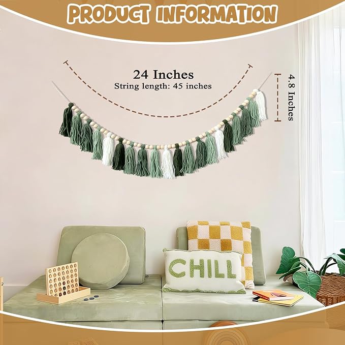 Green Classroom Decor Tassel Garland, Boho Wall Decor - Image 5