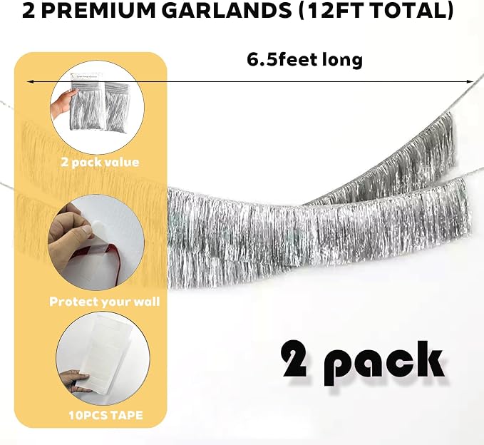 2 Pack Eanjia Silver Tinsel Fringe Party Banner 13FT | Metallic Shiny Curtain - Image 3