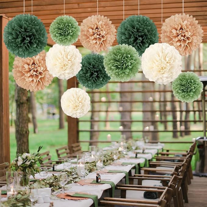 Capesaro Olive Sage Green 12PCS Paper Pom Poms Party Decorations - Image 2