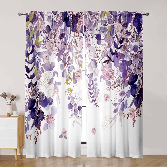 Purple Floral Sheer Curtains 84 Inch Length 2 Panels, Eucalyptus Leaves - Image 3