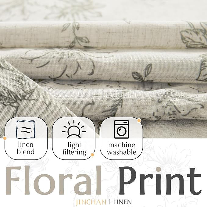 jinchan Gray Floral Linen Curtains Lined 84 Inch Vintage Back Tab 2 Panels | - Image 2