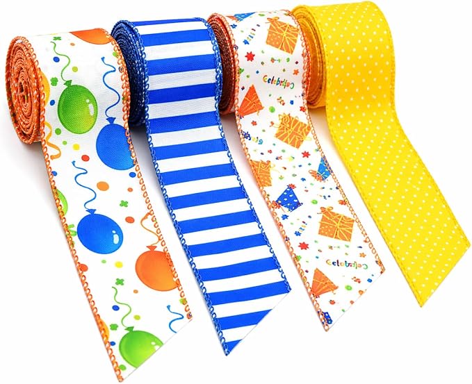 Birthday Wired Ribbon Set, 4 Rolls Decorative Party Ribbon by Unknown