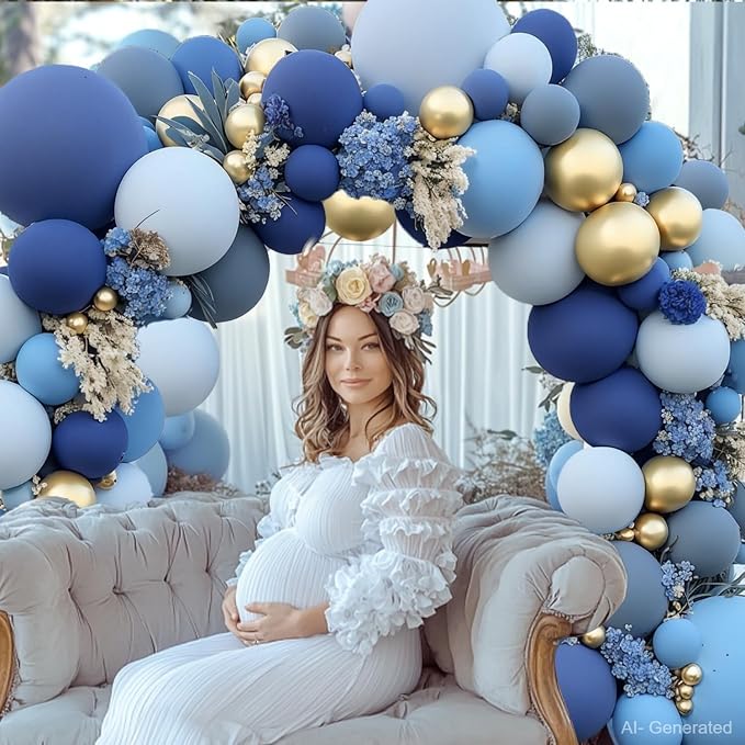 Dusty Blue Gold Balloons Arch Kit, Double Stuffed, Party. | - Image 5