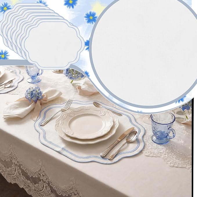 6Pcs Blue Cotton Wedding Placemats Scalloped Embroidered Placemats 17" x 13" - Image 7