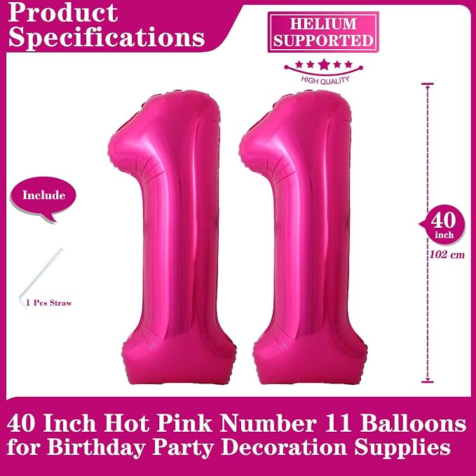 Hot Pink 11 Number Balloons, 40 Inch Giant Number 11 Balloons Foil Mylar Helium - Image 2