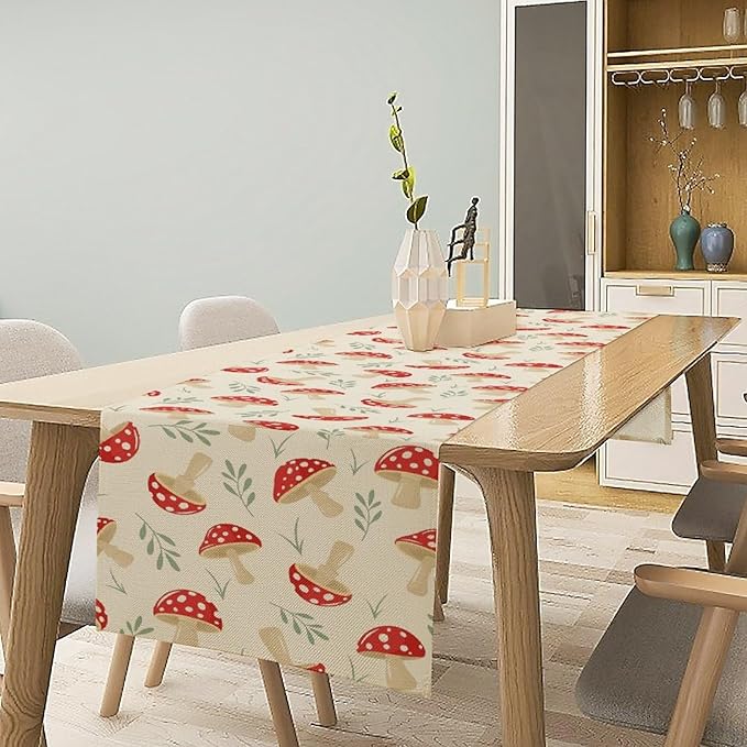 Mushroom Table Runner,Vintage Plant Print Table Runner for Kitchen Dining Table Home Party Decoration 13x90 Inch