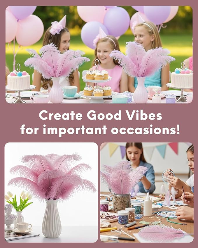 NEWONG 30pcs Peony Pink Ostrich Feathers Natural Bulk 8-10inch(20-25cm) Vase Craft Wedding Home Party Centerpieces Christmas Day Decoration