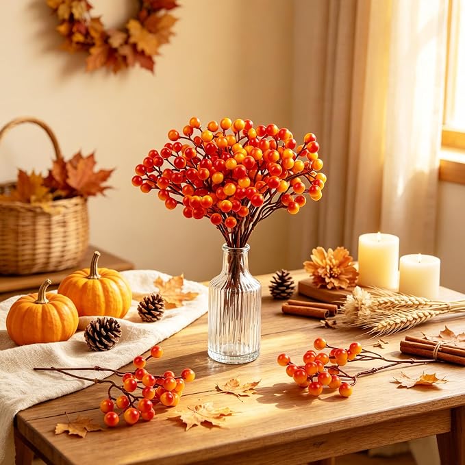 Fangoo 20 Pack 7 Inch Fall Artificial Orange Berry Stems Orange Berries Picks - Image 5